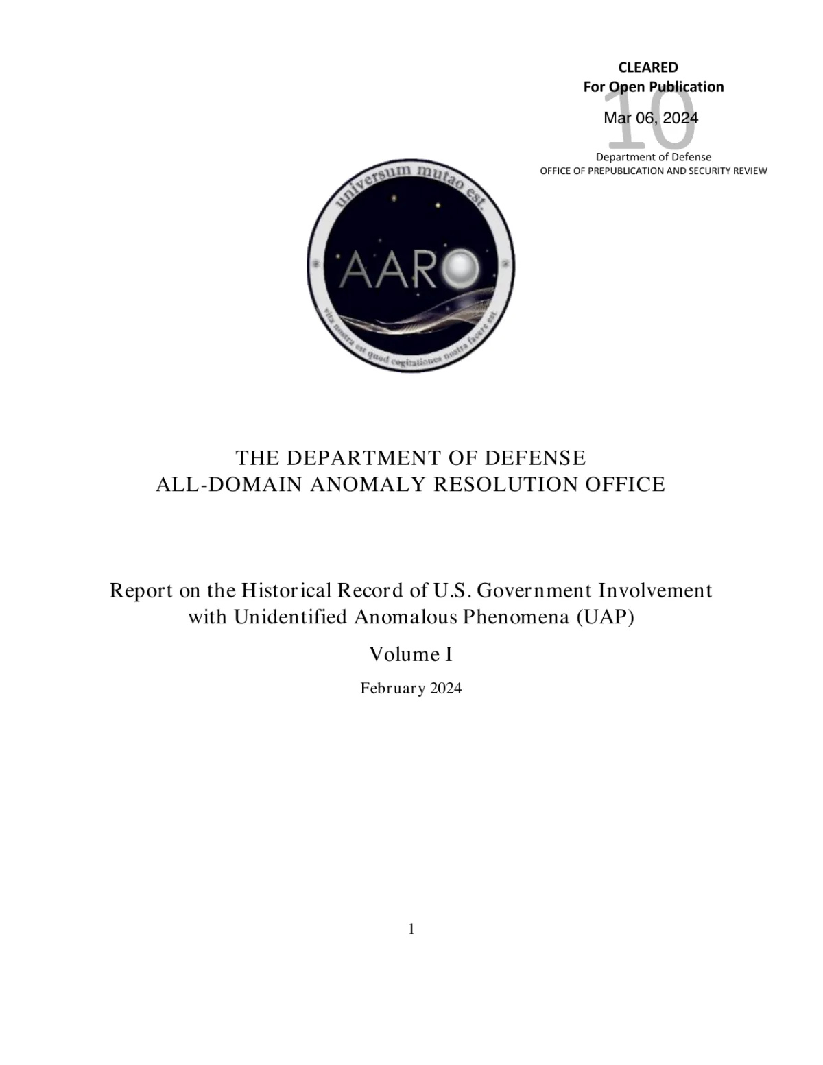 AARO Historical Record Report, Volume 1 (March 2024)