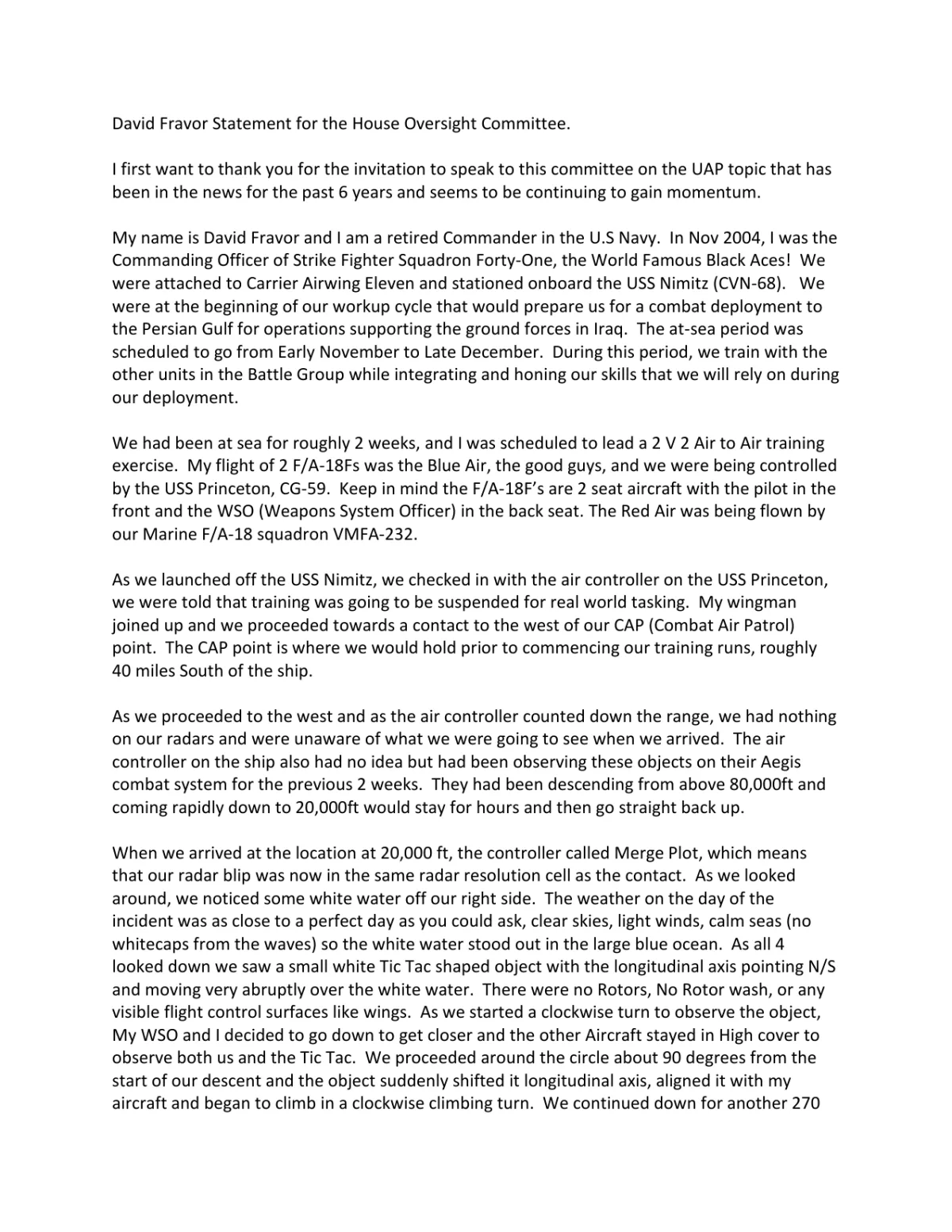 Cmdr. David Fravor — Written Statement (House Oversight UAP Hearing, July 2023)