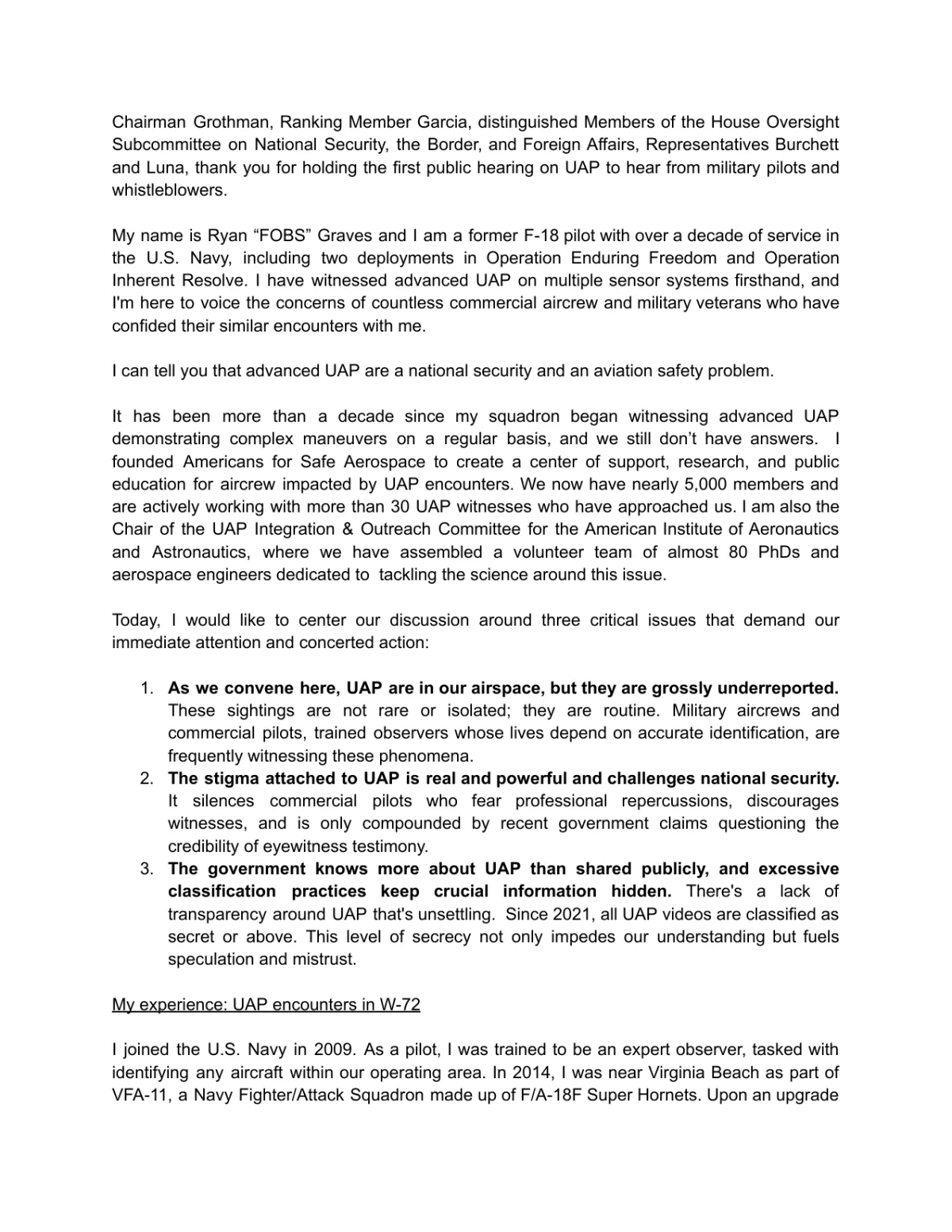 Ryan Graves — Written Statement (House Oversight UAP Hearing, July 2023)