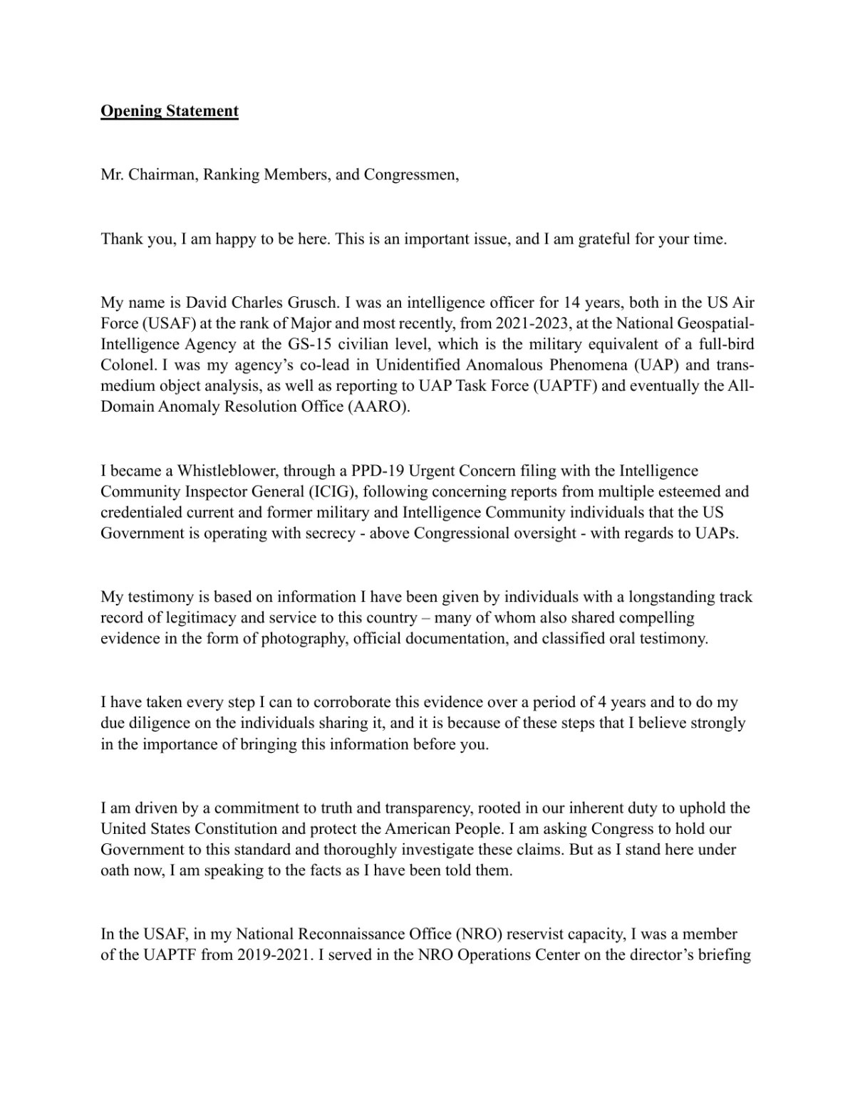 David Grusch — Written Statement (House Oversight UAP Hearing, July 2023)