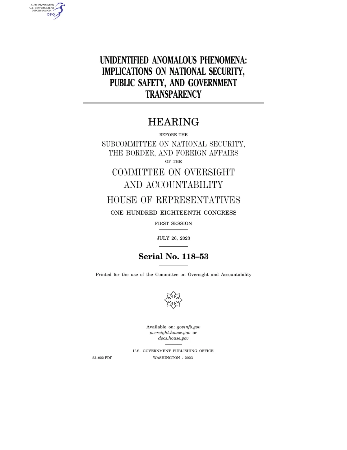 House Oversight UAP Hearing — Full Transcript (Serial No. 118-53)