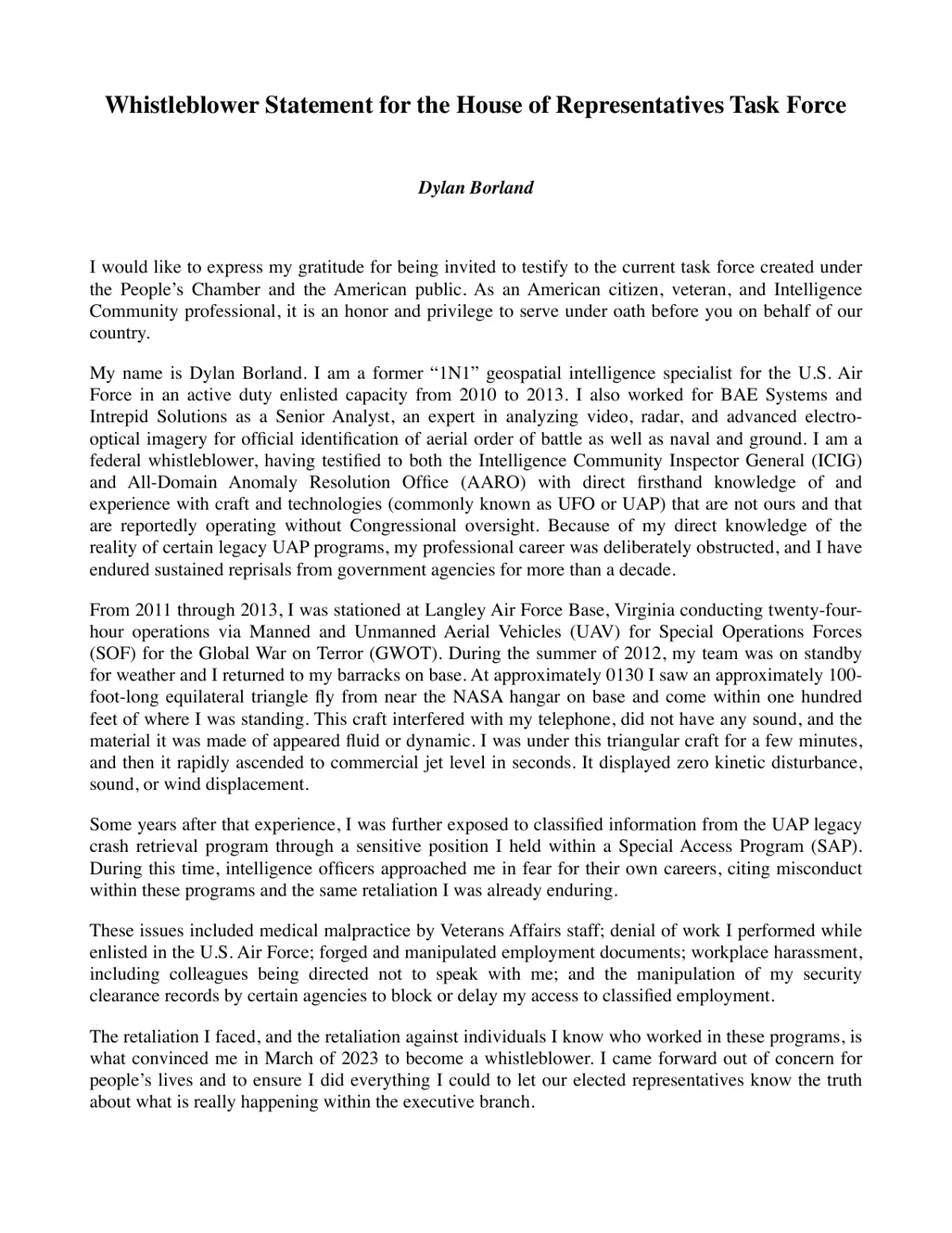 Dylan Borland — Written Statement (House Oversight UAP Whistleblower Hearing, Sept 2025)