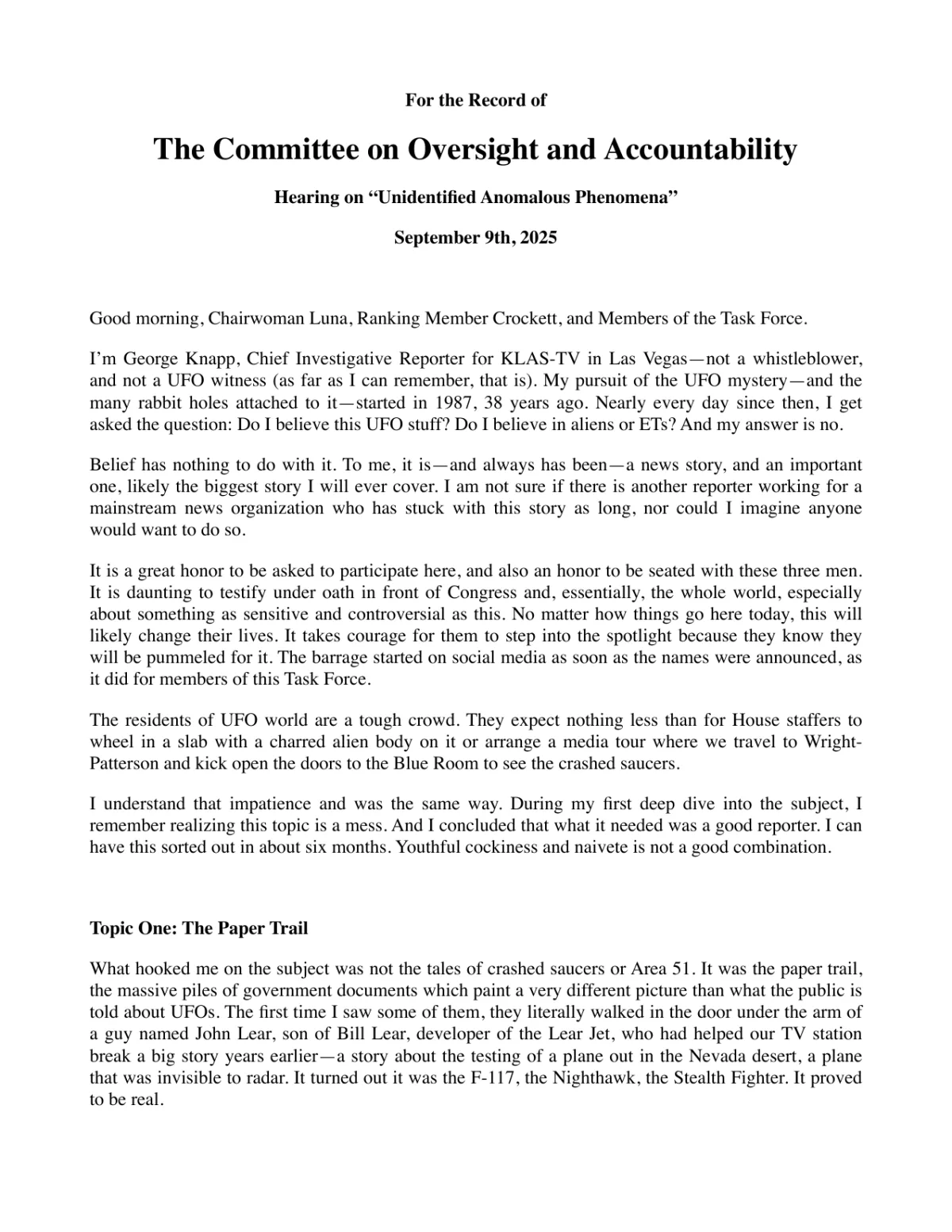 George Knapp — Written Statement (House Oversight UAP Whistleblower Hearing, Sept 2025)
