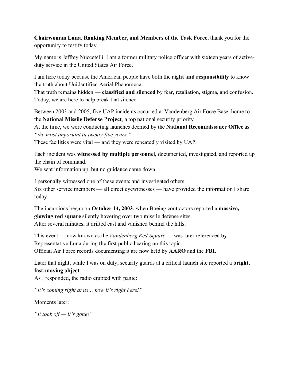 Jeffrey Nuccetelli — Written Statement (House Oversight UAP Whistleblower Hearing, Sept 2025)