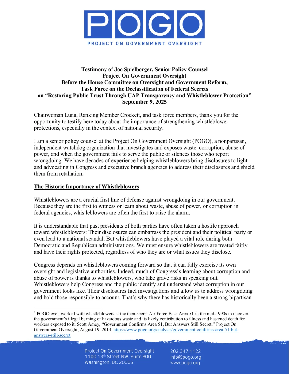 Joe Spielberger — Written Statement (House Oversight UAP Whistleblower Hearing, Sept 2025)