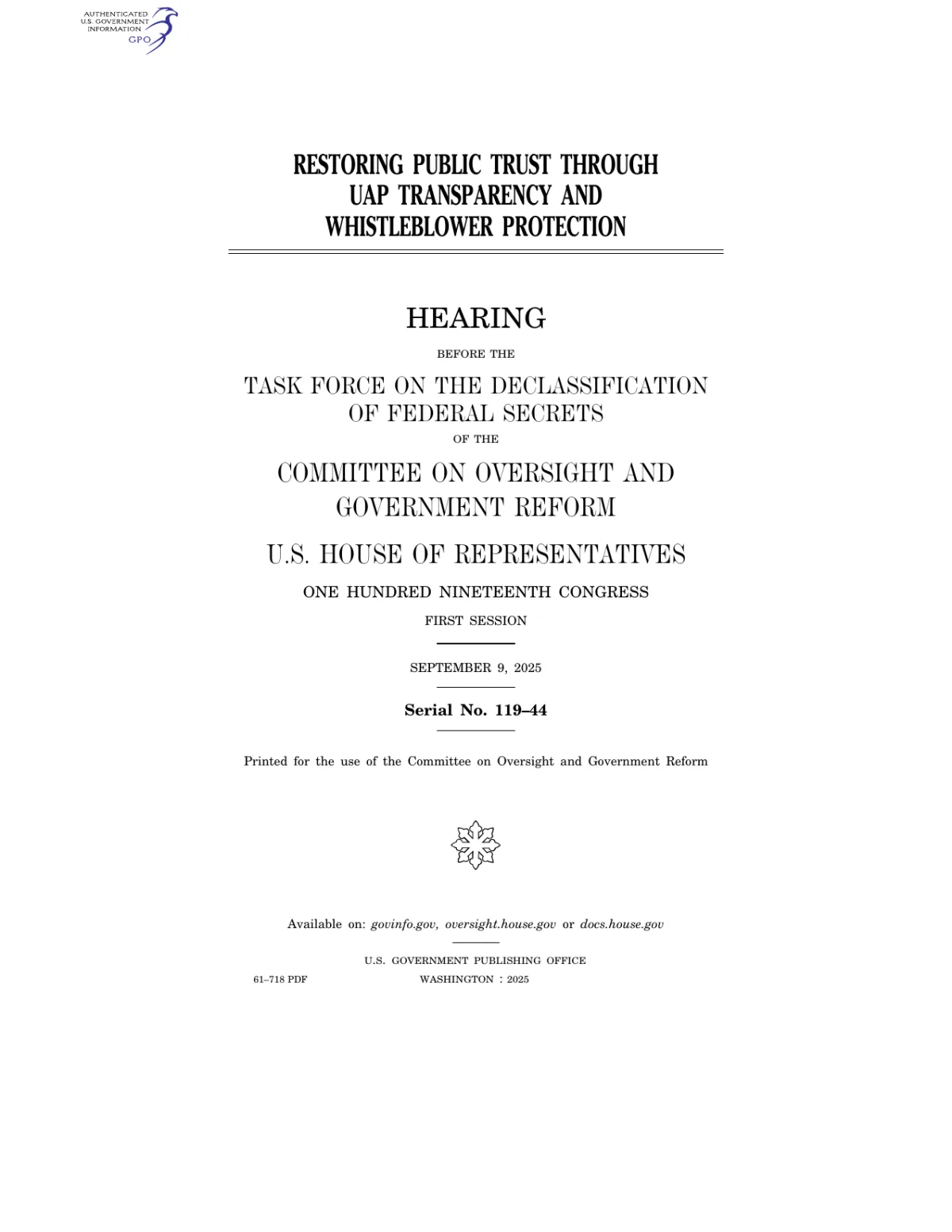 House Oversight UAP Whistleblower Hearing — Full Transcript (Serial No. 119-44)