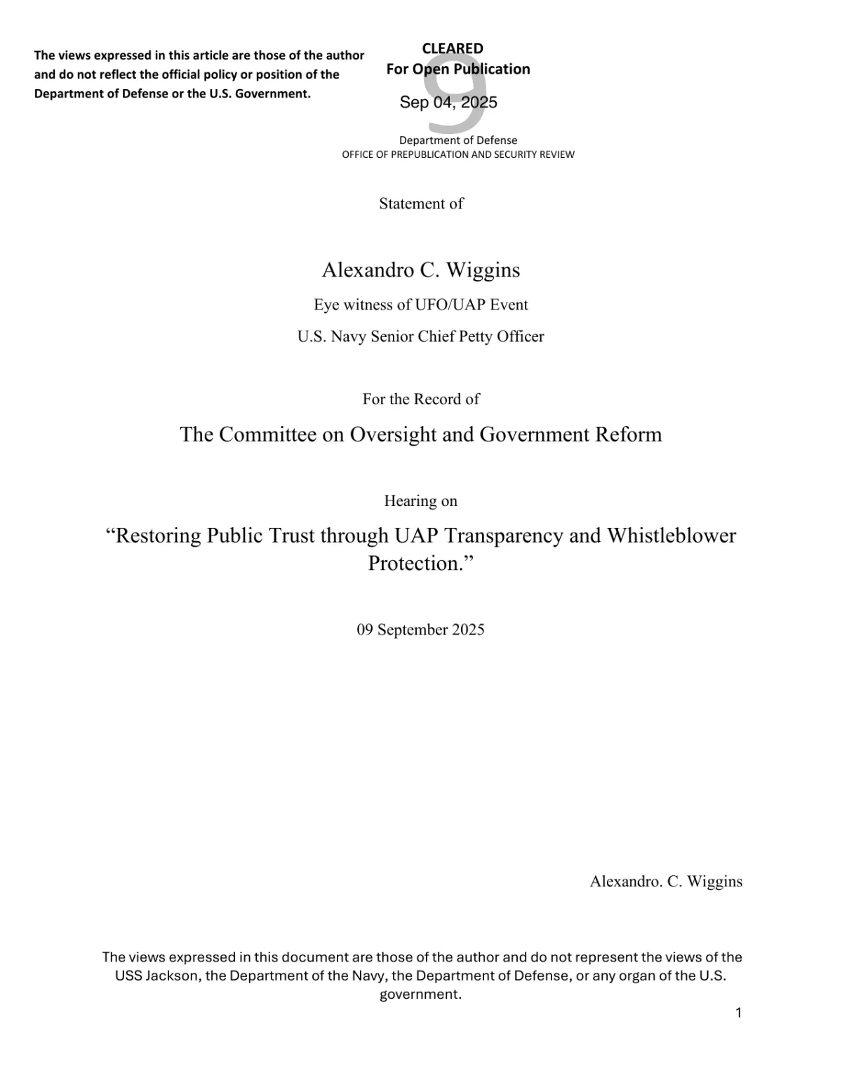 Chief Alexandro Wiggins — Written Statement (House Oversight UAP Whistleblower Hearing, Sept 2025)
