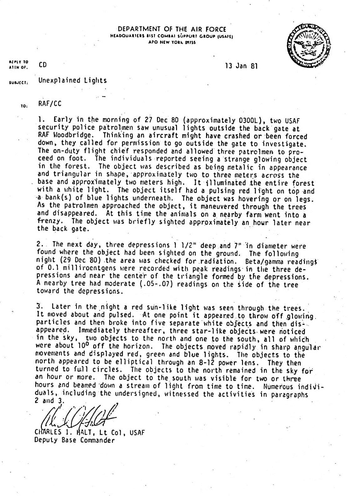 Halt Memorandum — Rendlesham Forest
