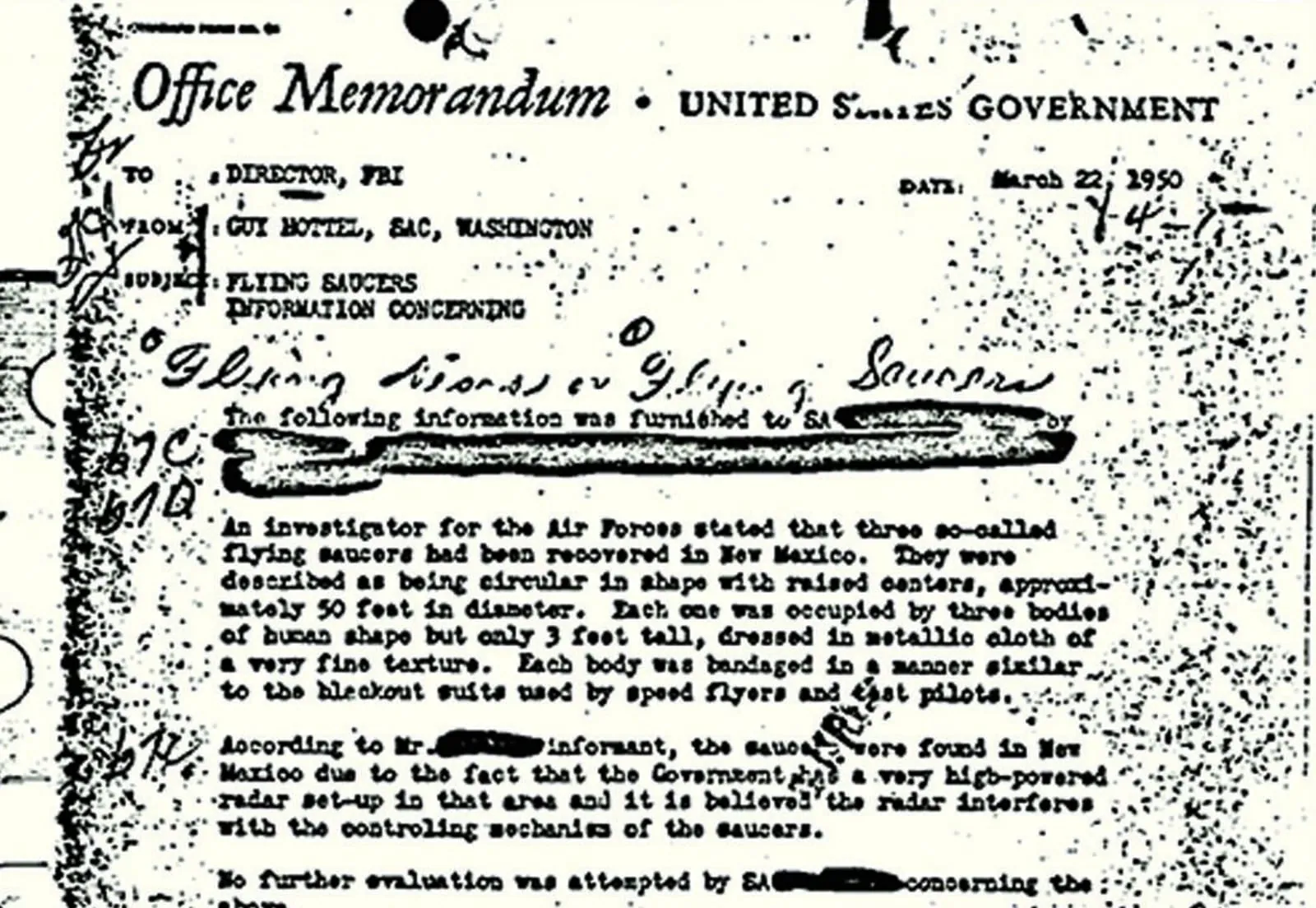 Hottel FBI Memo (Roswell, 1950)