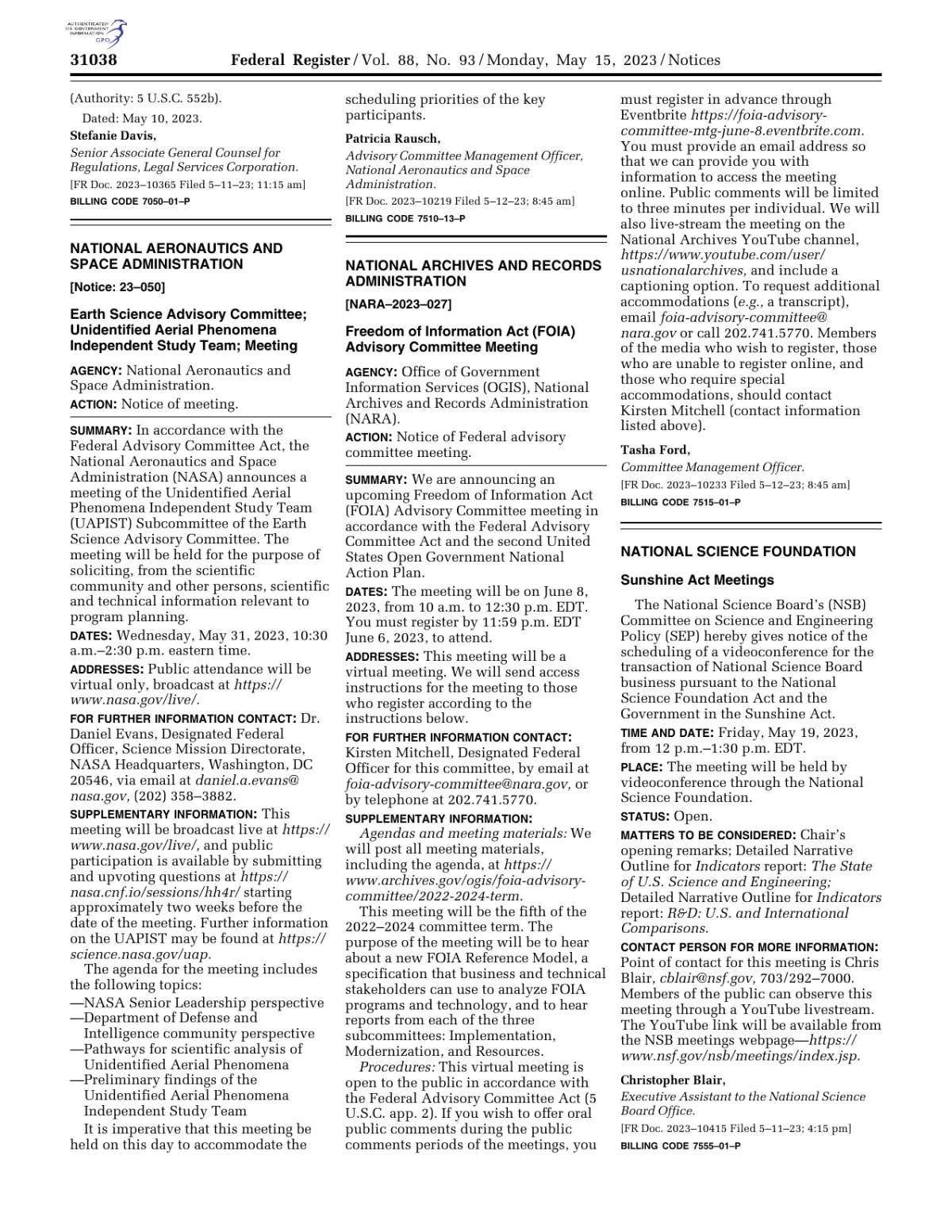 NASA UAP IST — Federal Register Notice of Public Meeting