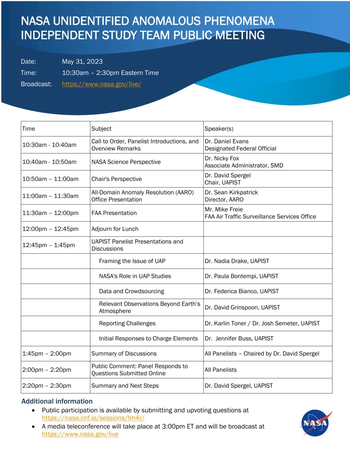NASA UAP IST — Public Meeting Agenda (May 31, 2023)