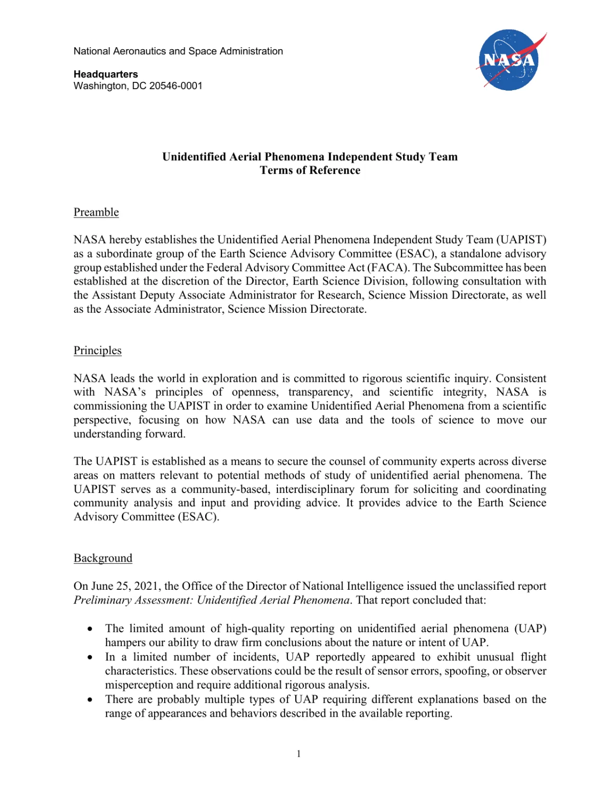 NASA UAP IST — Terms of Reference (Signed)