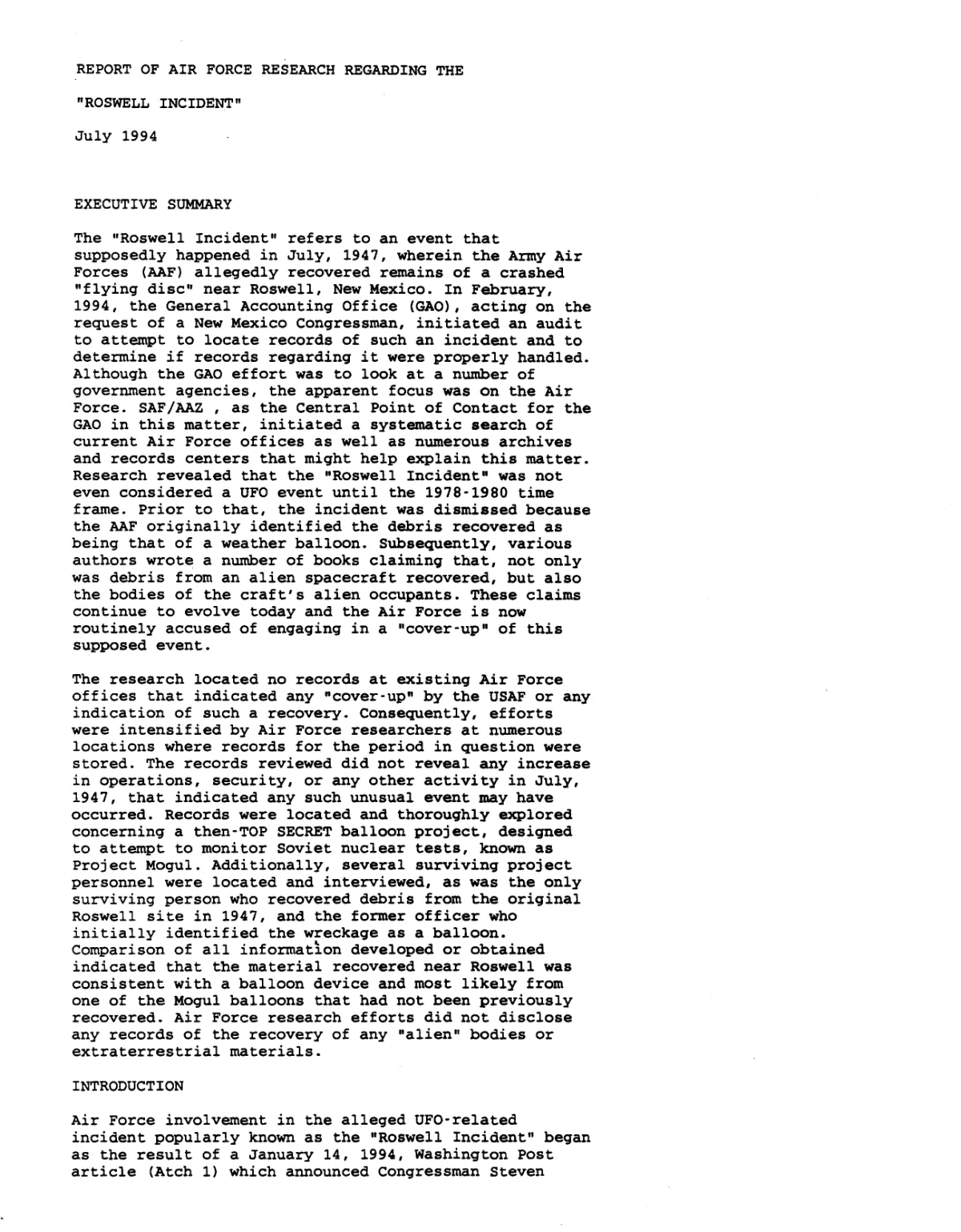 Air Force Research Report — The Roswell Incident