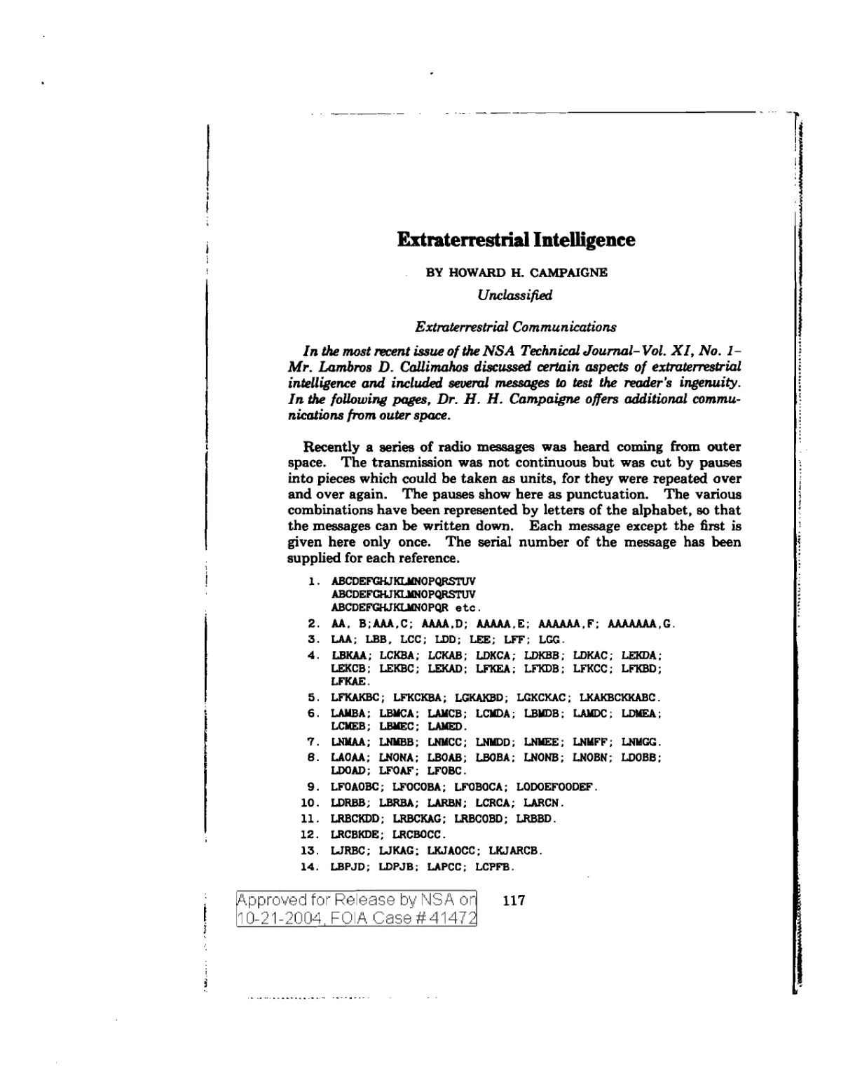"Extraterrestrial Intelligence" — Howard H. Campaigne