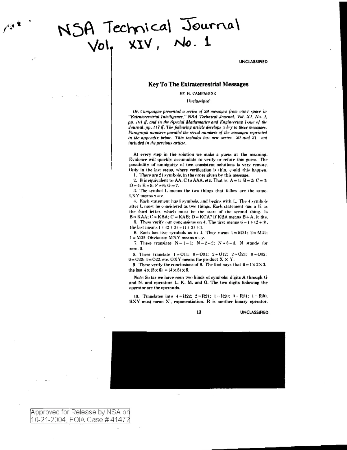 "Key to the Extraterrestrial Messages" — H. Campaigne