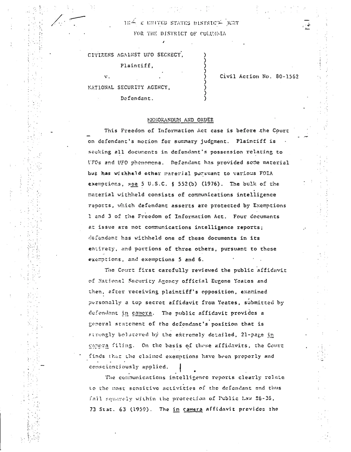 Memorandum and Order — Citizens Against UFO Secrecy v. NSA