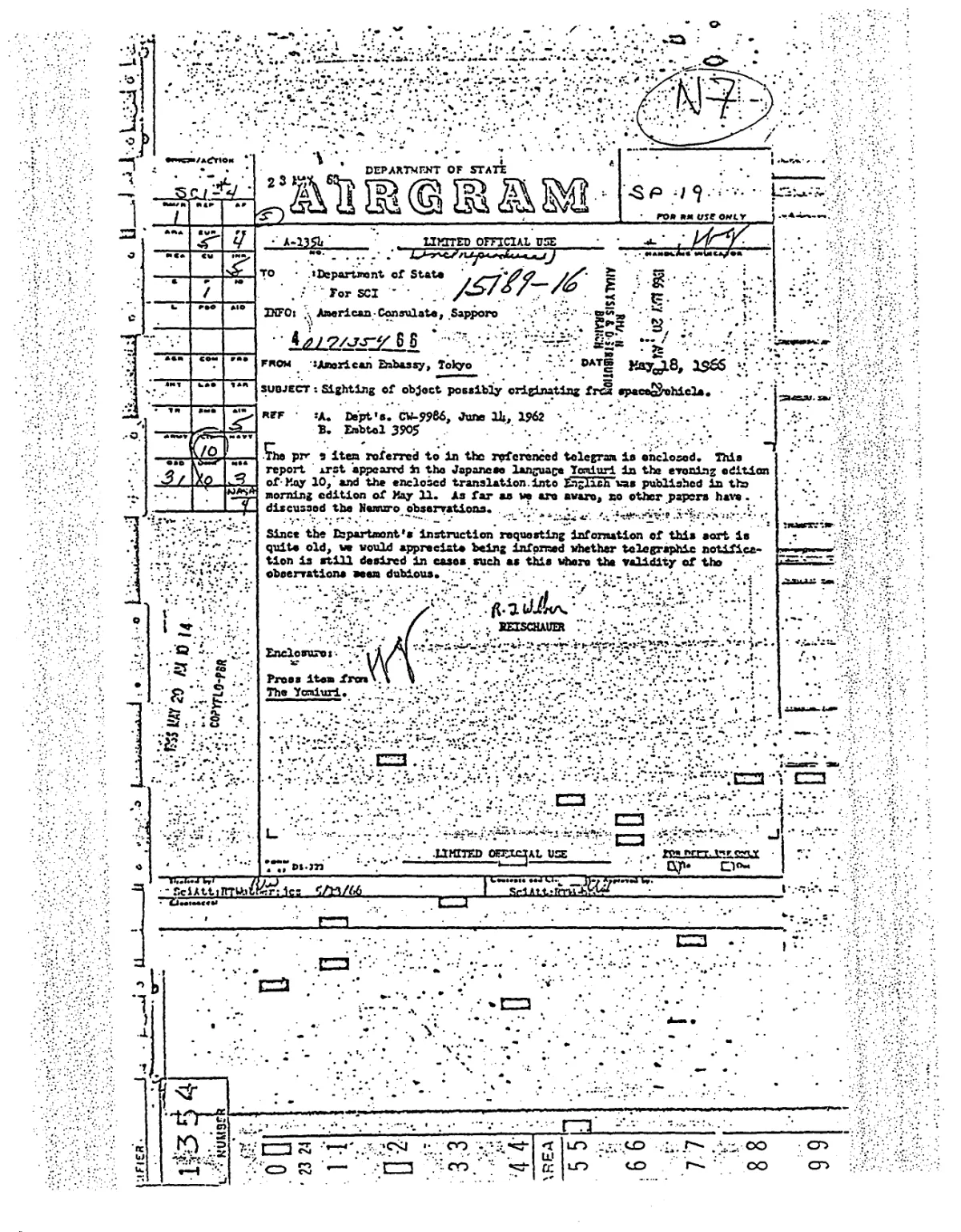 State Department AIRGRAM — Sighting of Object Possibly Originating from [REDACTED]