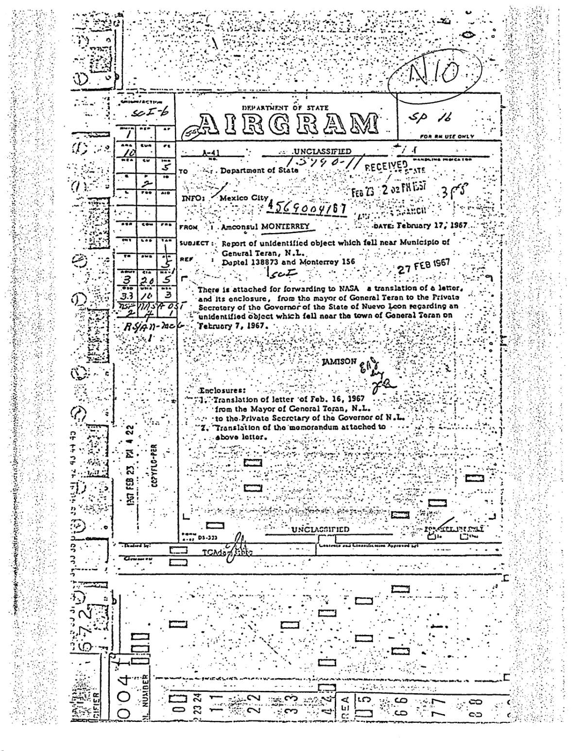 State Department AIRGRAM — UFO Fell Near General Terán, N.L. (Mexico)