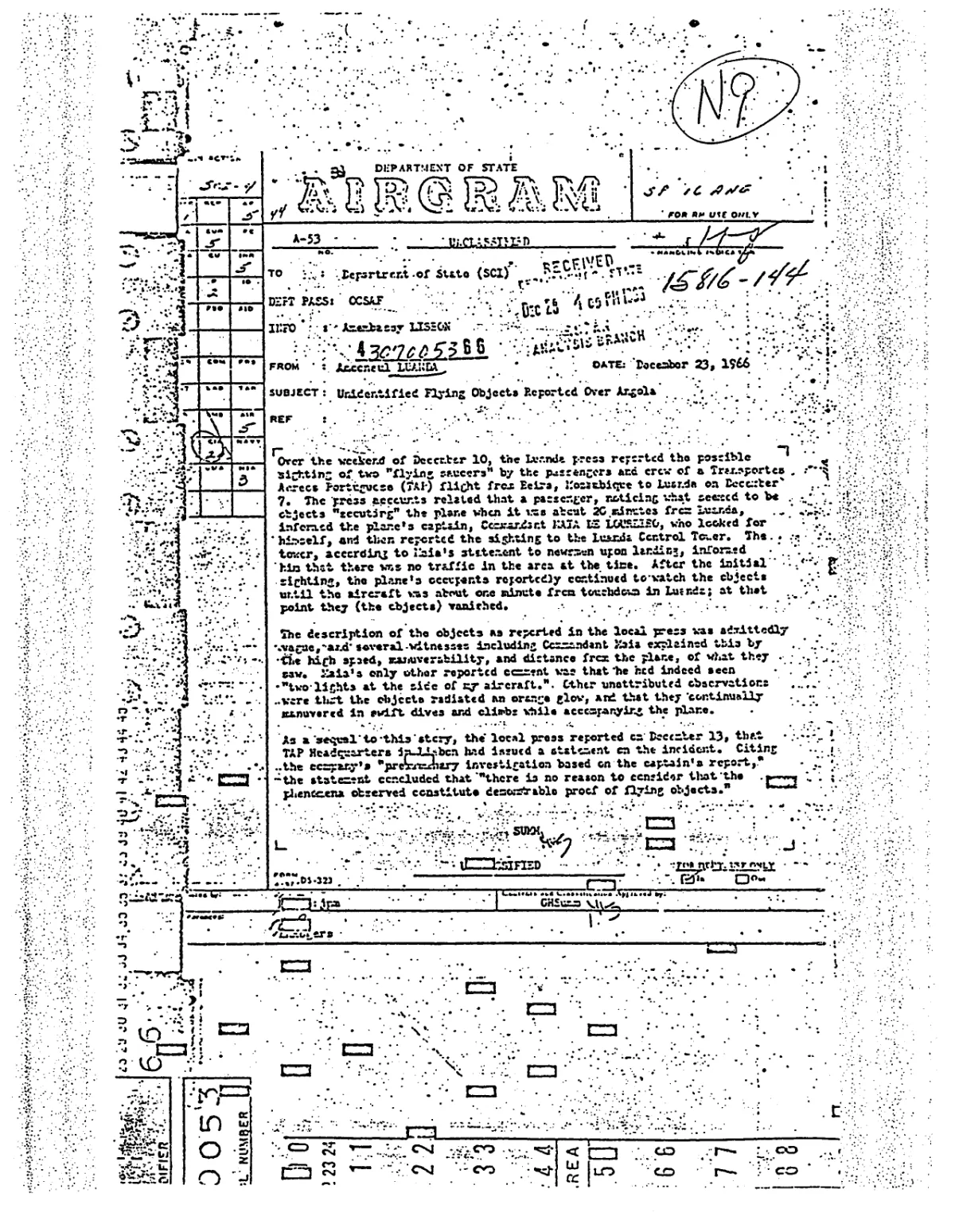 State Department AIRGRAM — UFOs Reported Over Angola