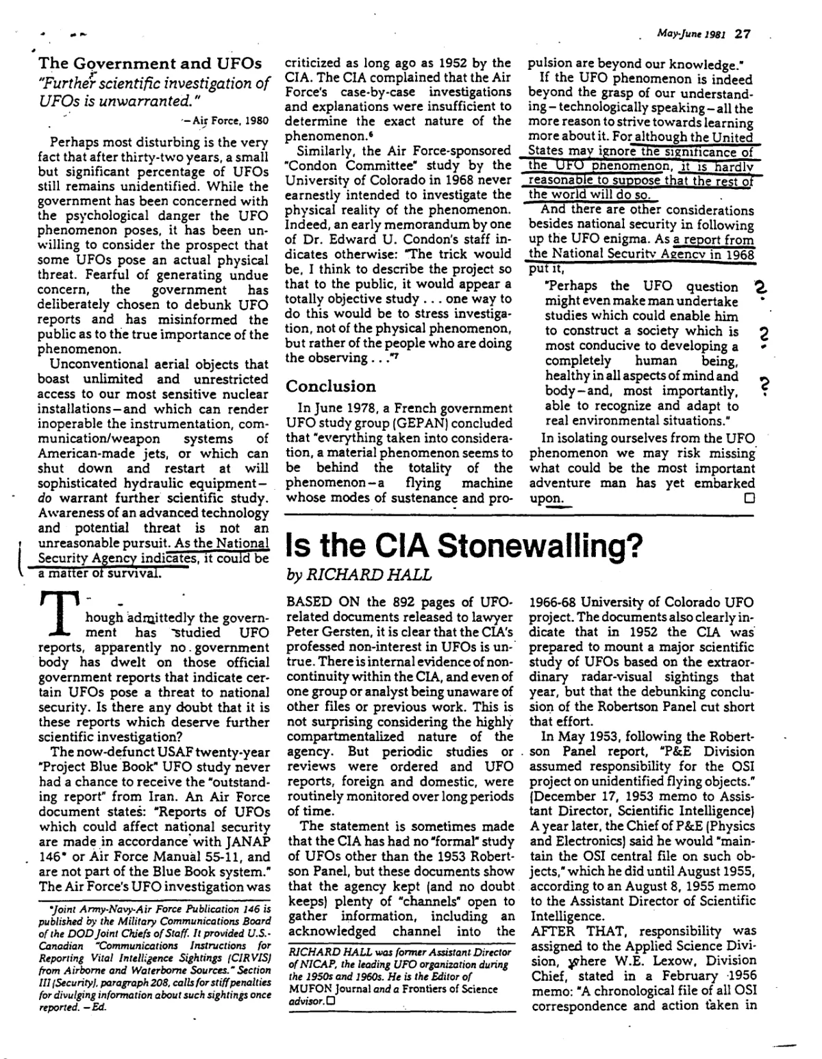 "The Government and UFOs" (clipping)