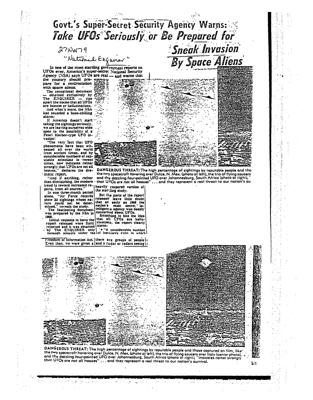 "Govt.'s Super-Secret Security Agency Warns: Take UFOs Seriously" (clipping)