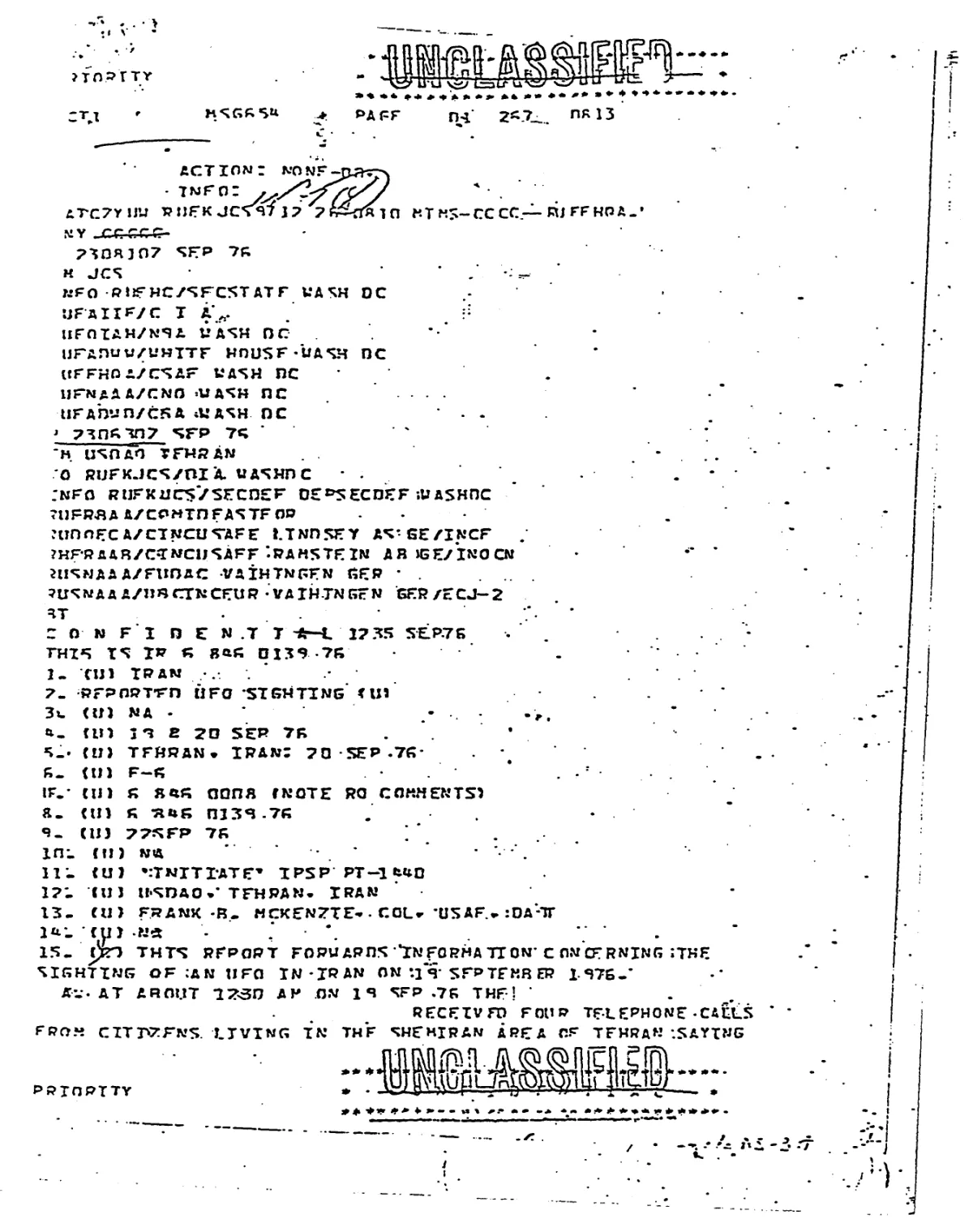 Joint Chiefs of Staff Report — Iran UFO Sighting (19 Sept 1976)