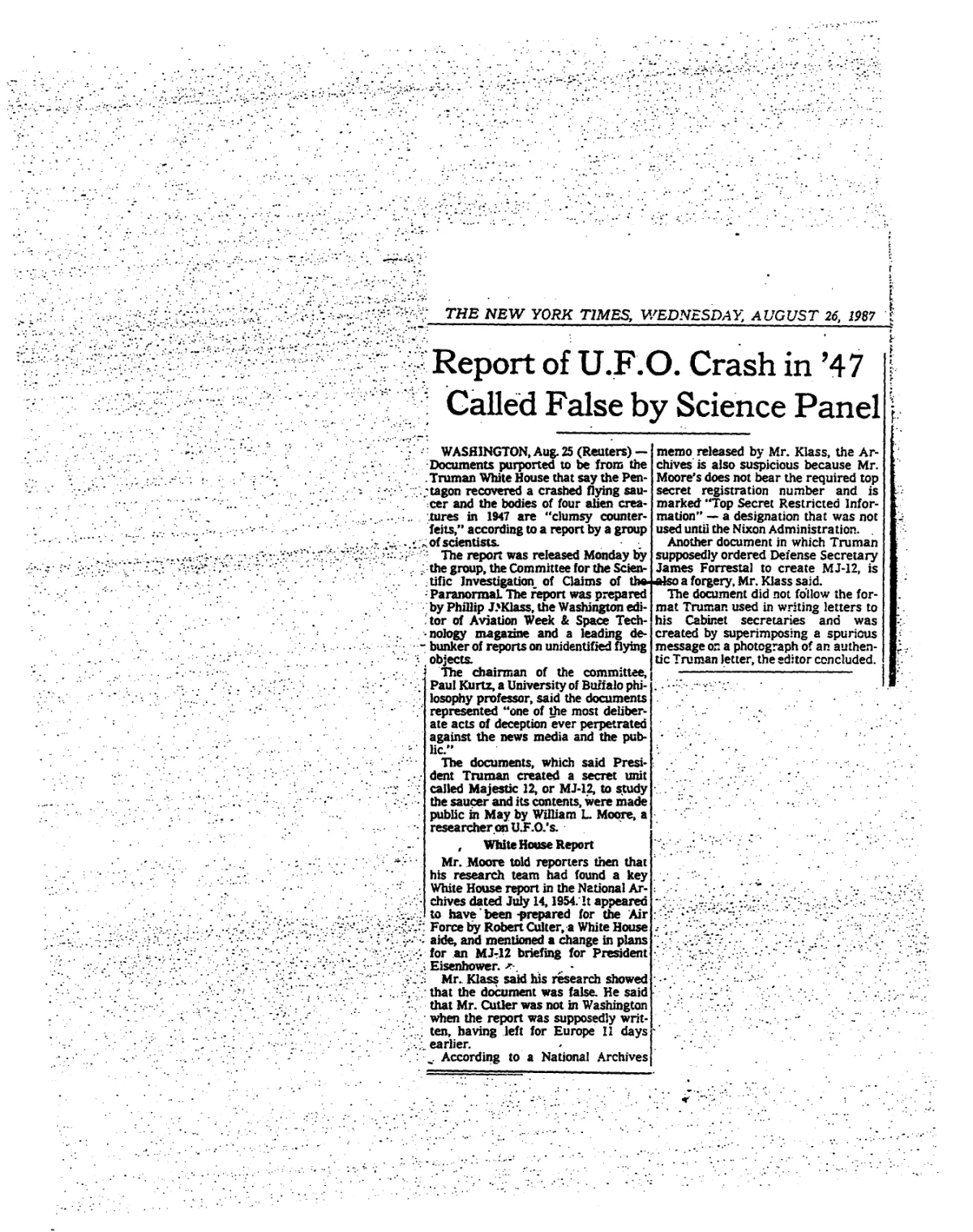 "Report of U.F.O. Crash in '47 Called False by Science Panel" (clipping)