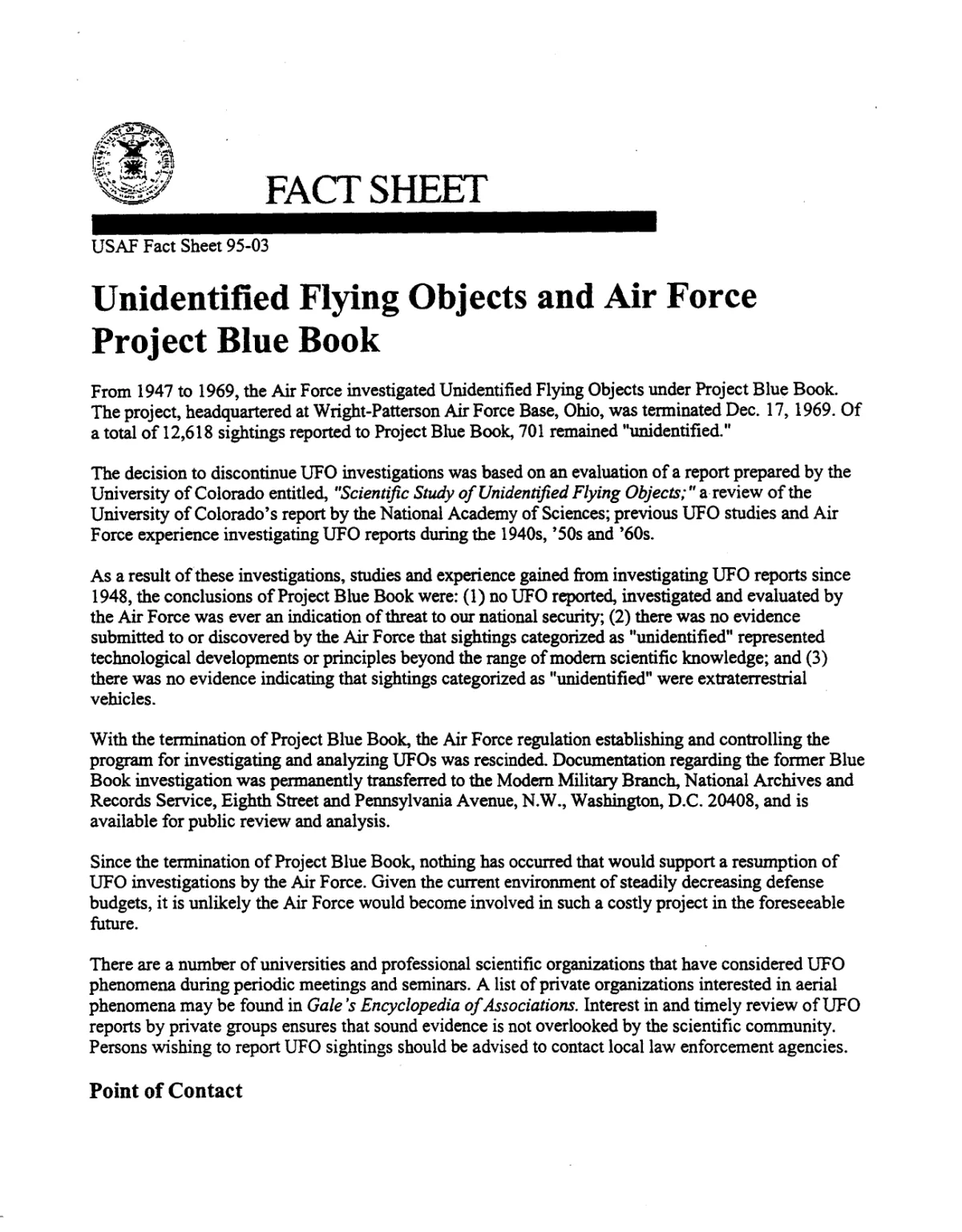 USAF Fact Sheet 95-03 — Unidentified Flying Objects and Air Force Project Blue Book