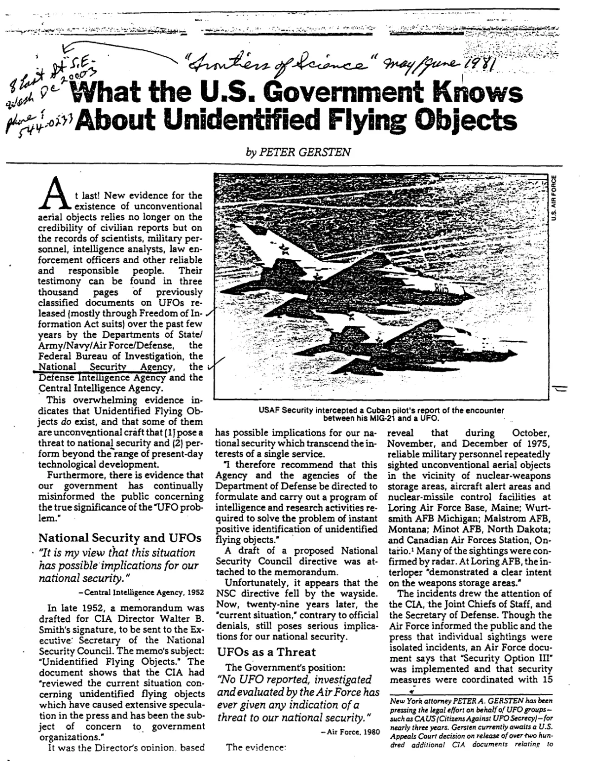 "What the U.S. Government Knows About Unidentified Flying Objects" (clipping)
