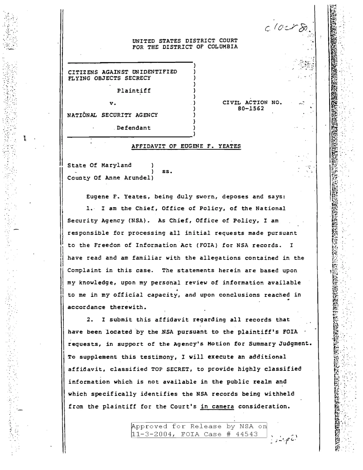 Affidavit of Eugene F. Yeates