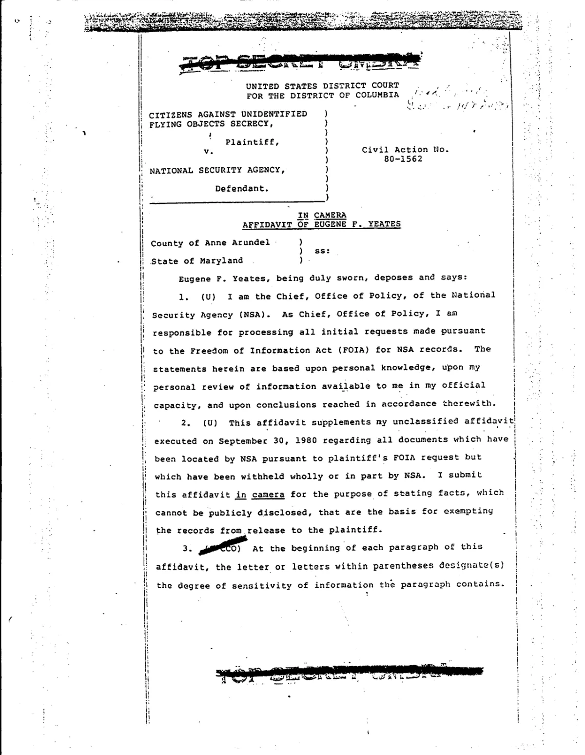 In Camera Affidavit of Eugene F. Yeates