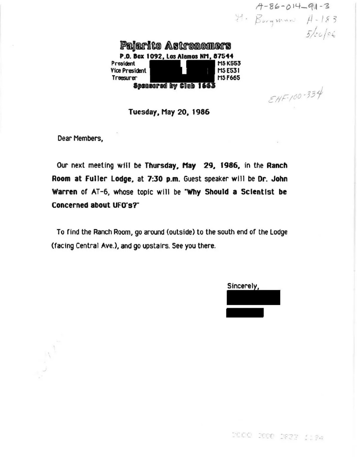 DOE-UAP-D003, Pajarito Astronomers Invitation, 1986