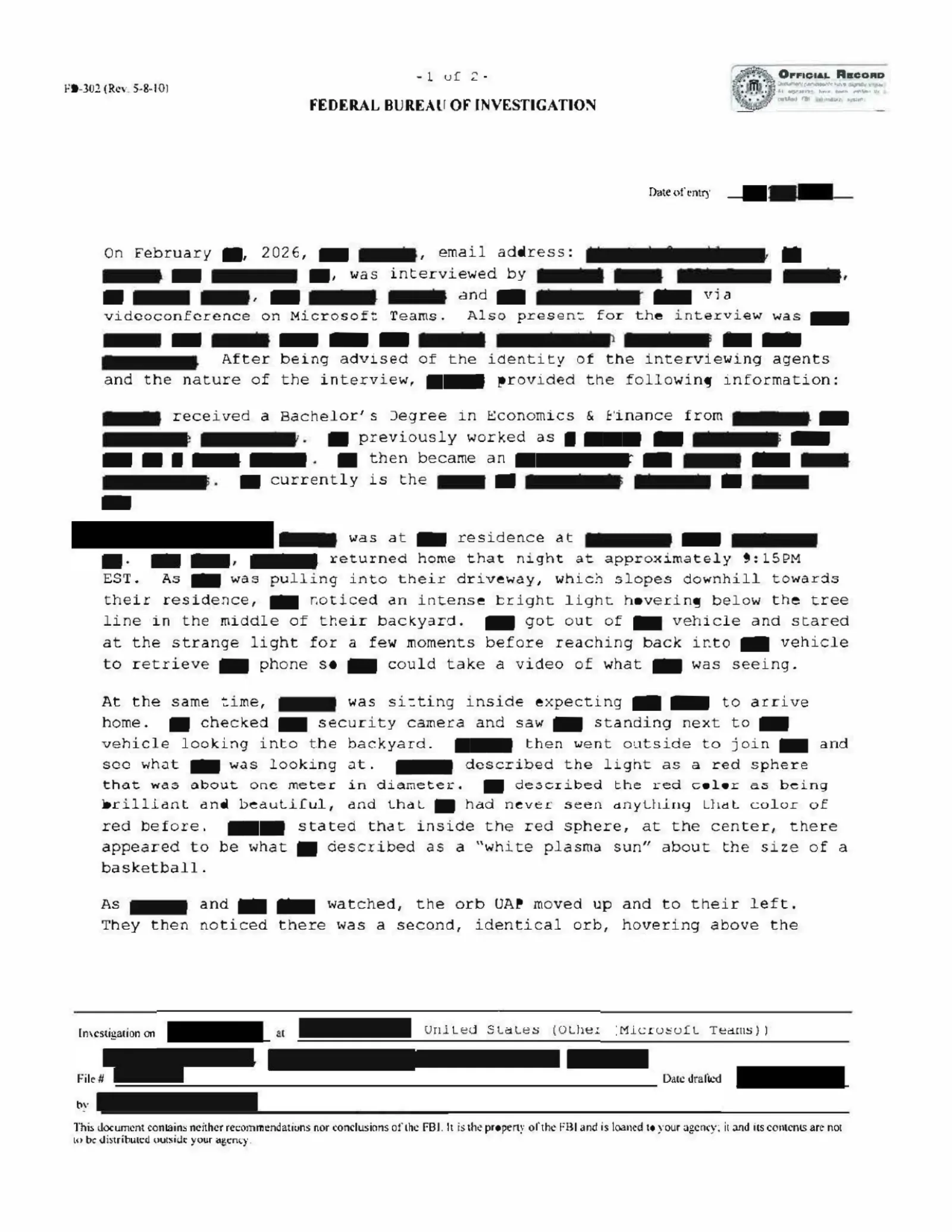 FBI-UAP-D009, FD-302-67, “Northeastern Orb Sighting,” 2026
