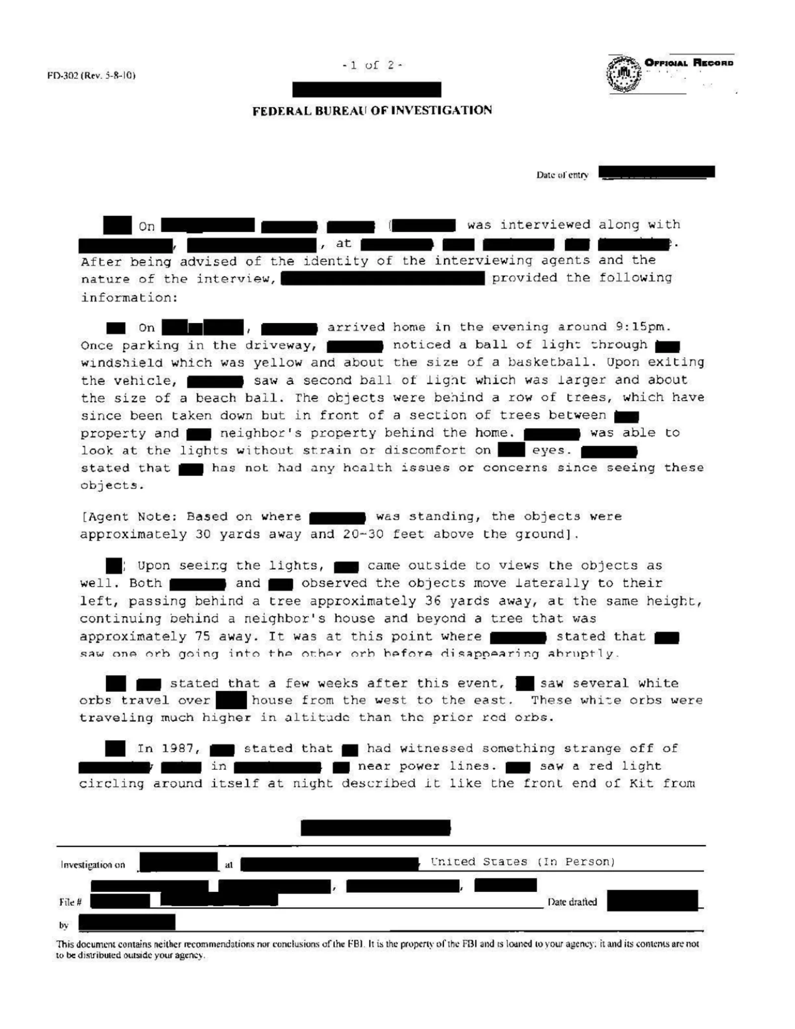 FBI-UAP-D010, FD-302-71, “Northeastern Orb Sighting,” 2026