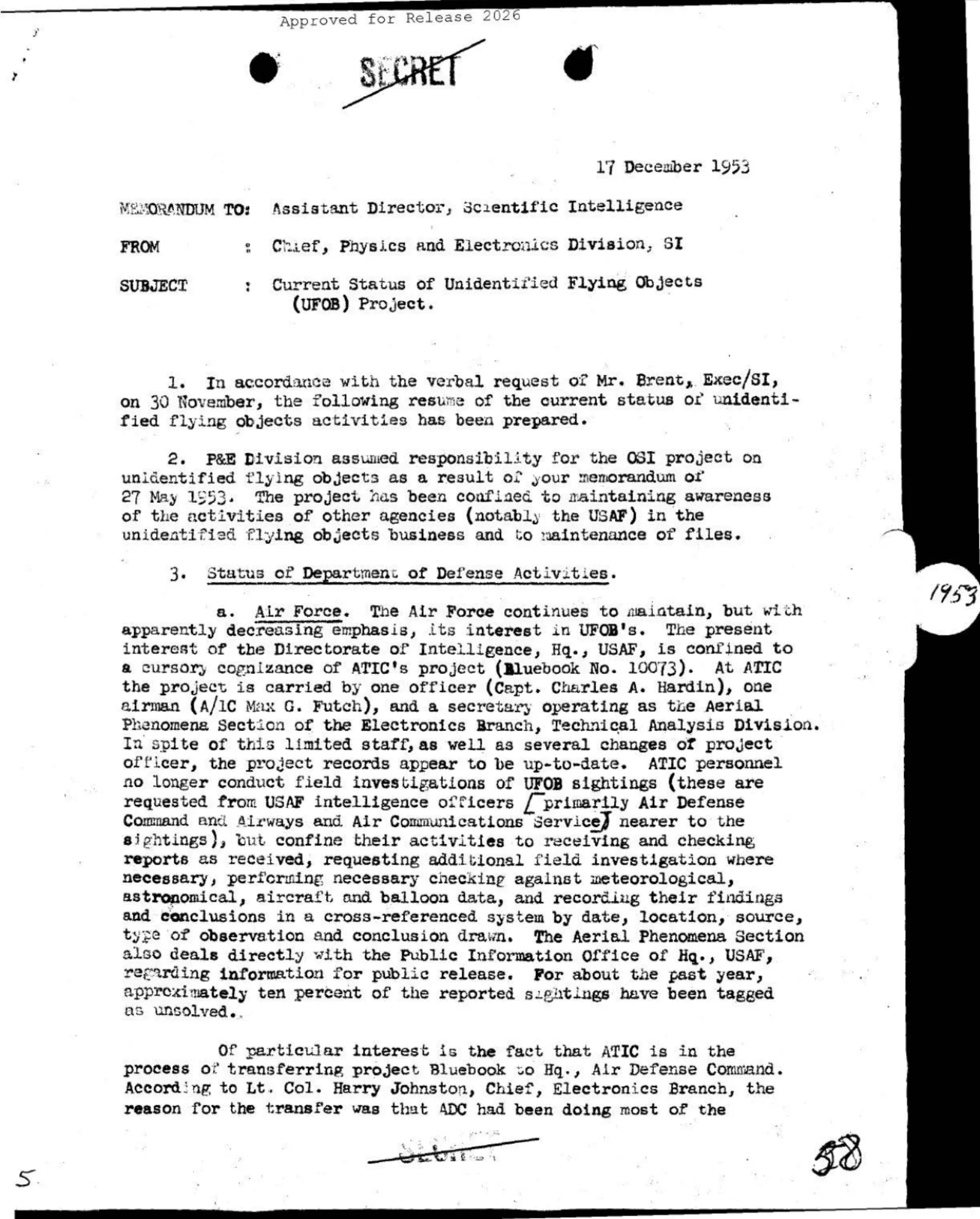 CIA-UAP-007, Current Status Of Unidentified Flying Objects (UFO) Project.