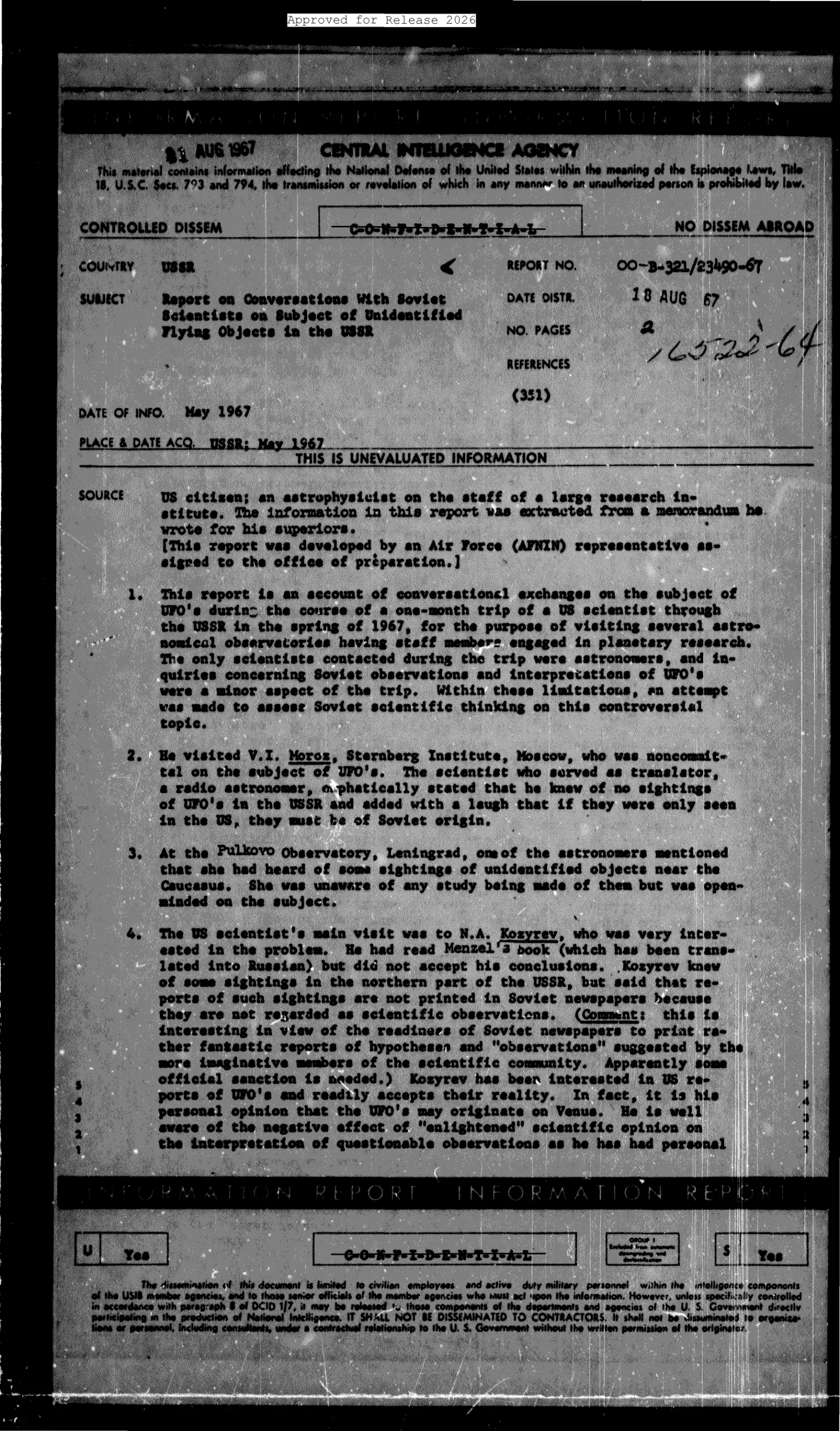 CIA-UAP-010, Report on Conversations with Soviet Scientists on Subject of Unidentified Flying Objects in the USSR
