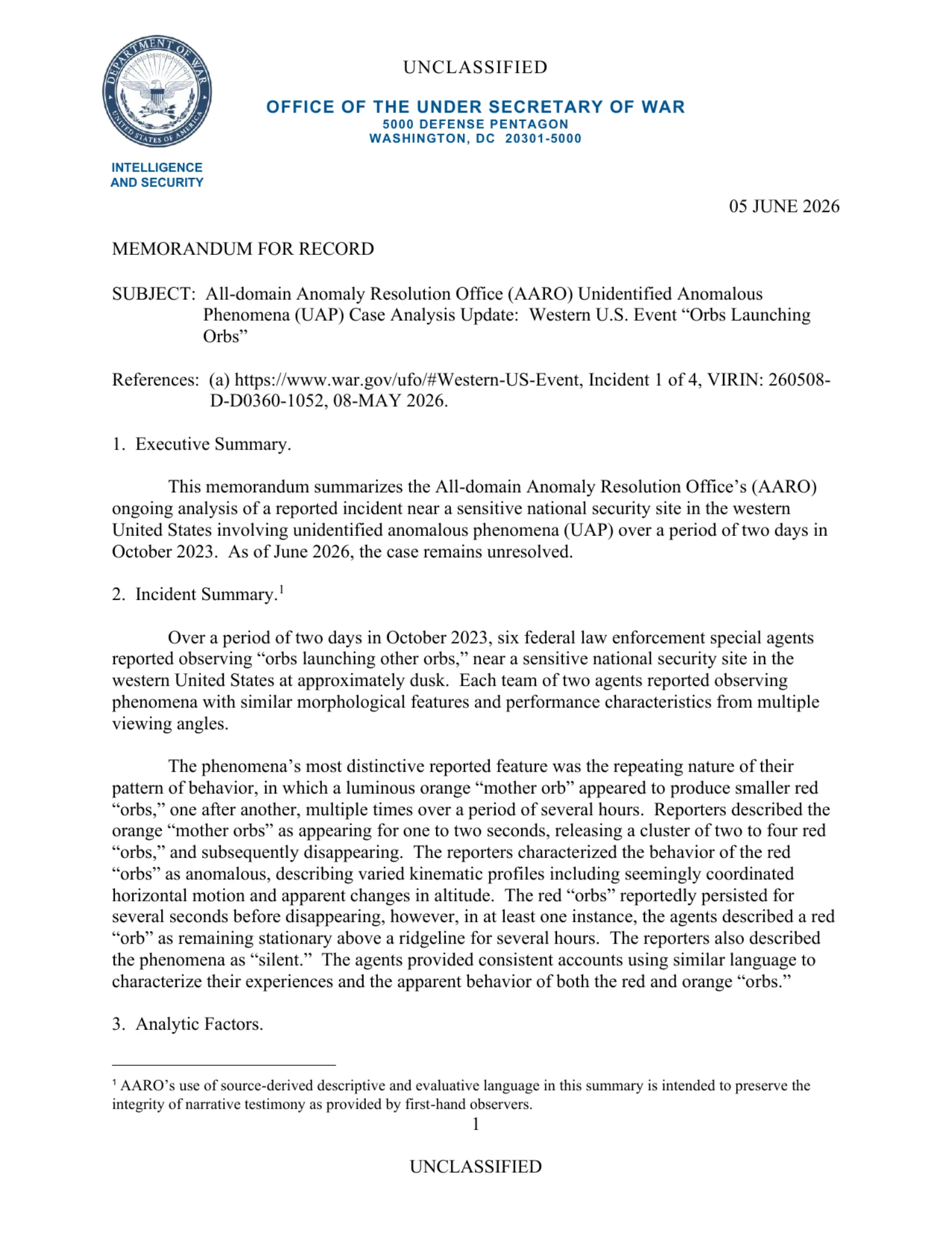 DOW-UAP-D077, AARO Unresolved Case Analysis Update: Western United States Event