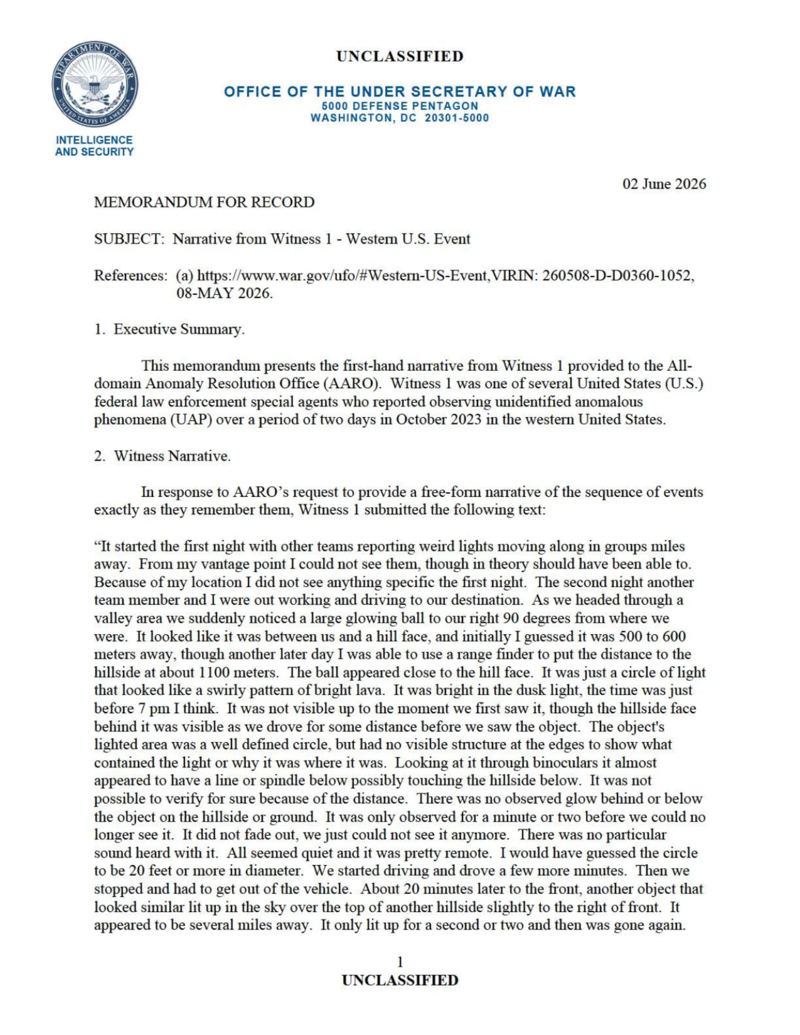 DOW-UAP-D079, Narrative Statement 1, Western United States Event, 2023